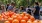 two tables full of oranges with people standing behind them